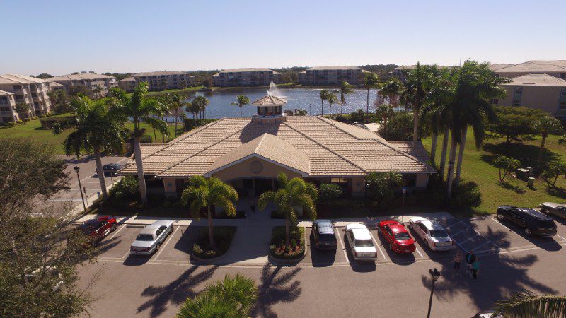 Aerial view of a community building.