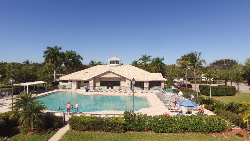 Community pool with palm trees and a building.